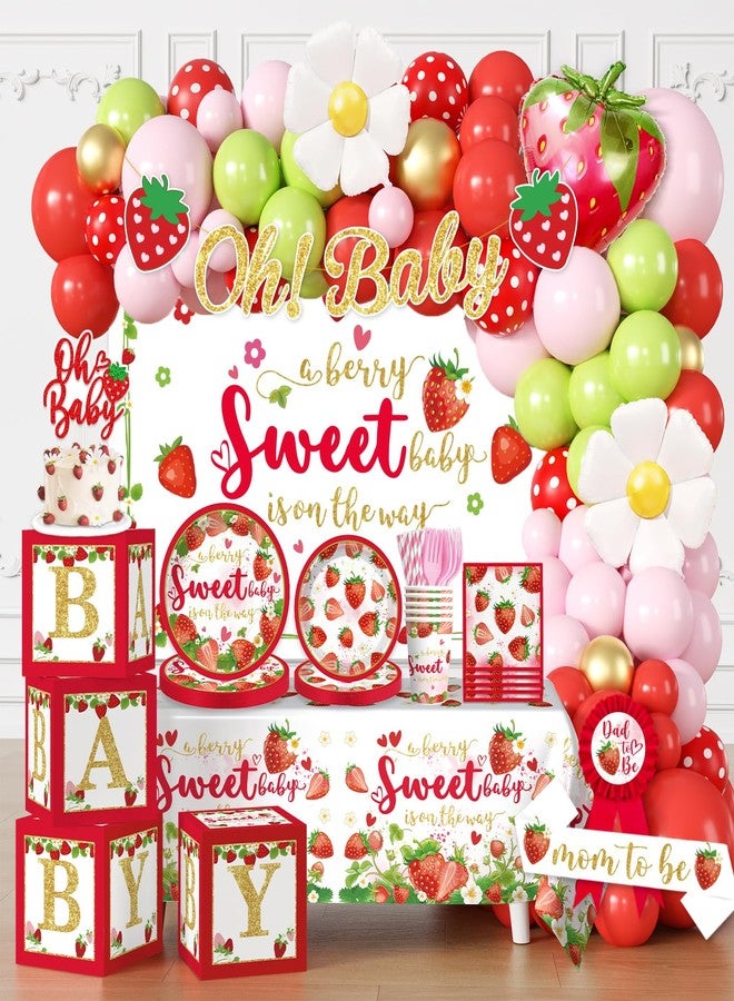 Cocomigo 239pcs Strawberry Baby Shower Decorations for Sweet Girl, Complete a Berry Sweet Baby is on the Way Set Sturdy 300gsm Paper Plates Backdrop 108 balloons for Baby shower - Image 1